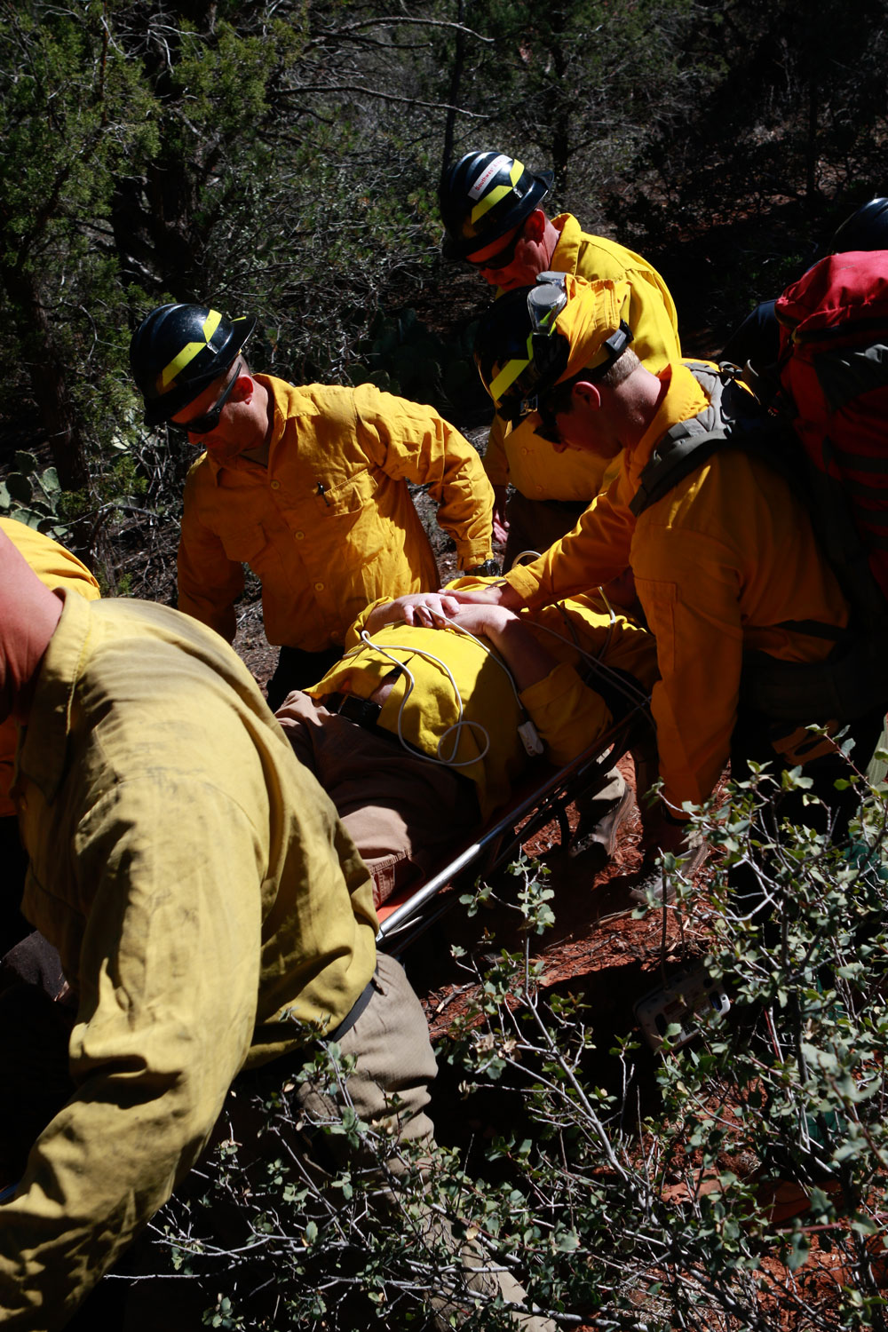 Firefighters carry a patient out on a back country rescue.